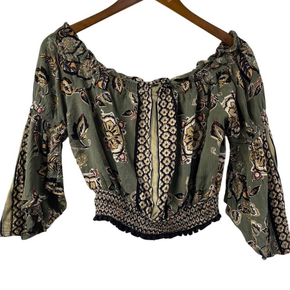 Angie Peasant Crop Top Green Floral Earth Tones Medium